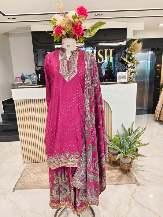 Wine Crepe Sharara Set