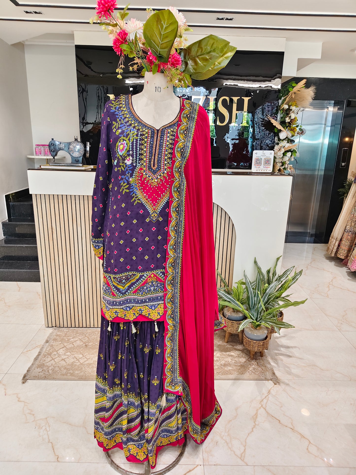 Purple & Red Crepe Sharara Set