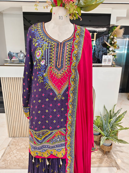 Purple & Red Crepe Sharara Set