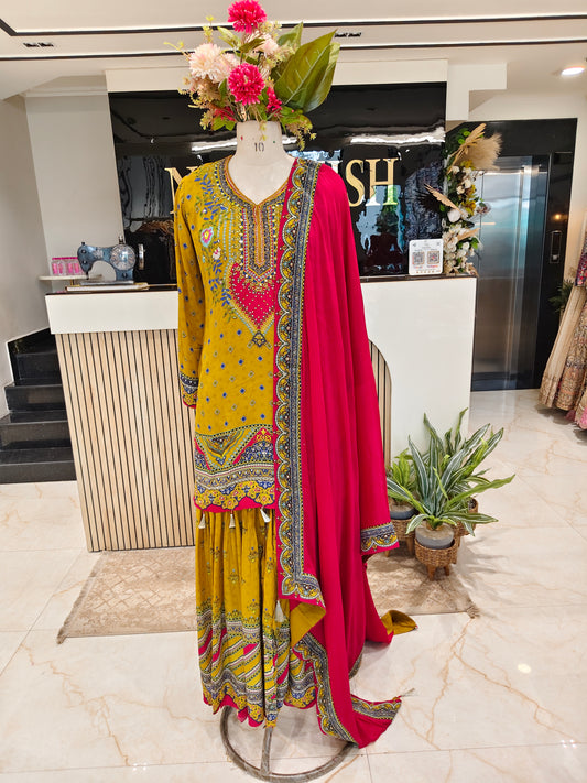 Yellow & Red Crepe Sharara Set