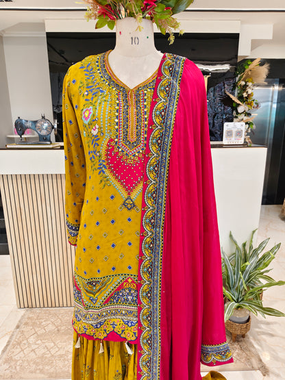 Yellow & Red Crepe Sharara Set