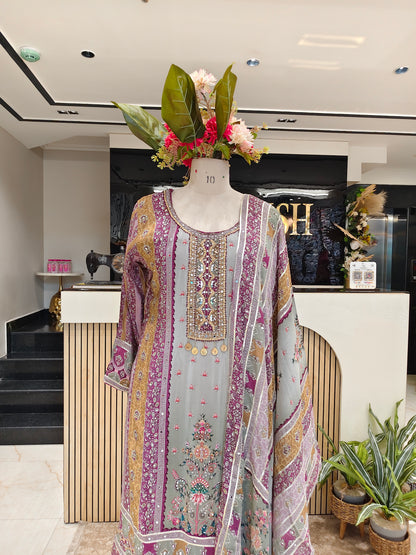 Lavender & Grey Crepe Sharara Set