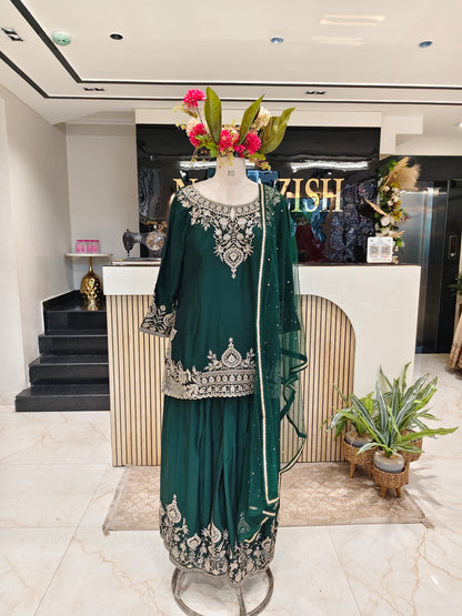 Bottle Green Chinon Sharara Set