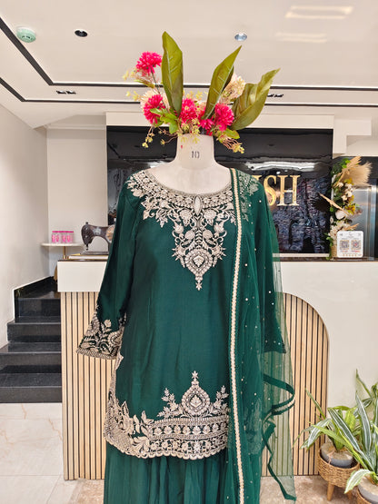 Bottle Green Chinon Sharara Set