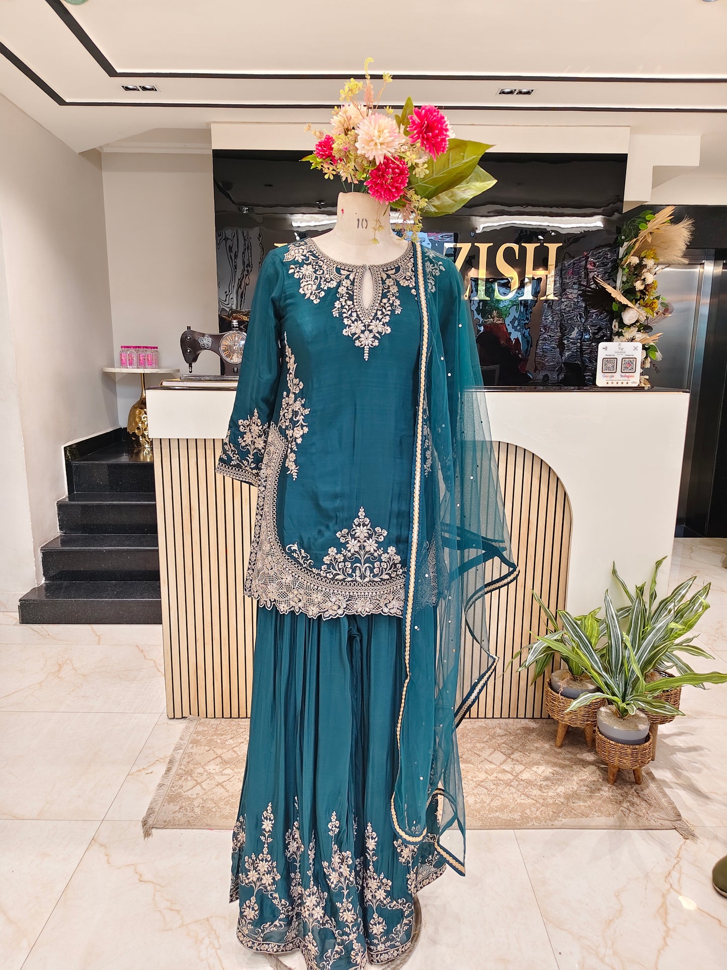 Teal Blue Chinon Sharara Set