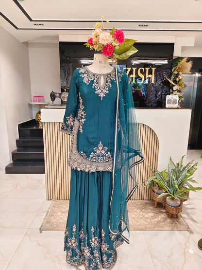 Teal Blue Chinon Sharara Set