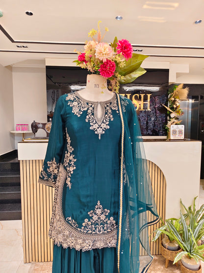 Teal Blue Chinon Sharara Set