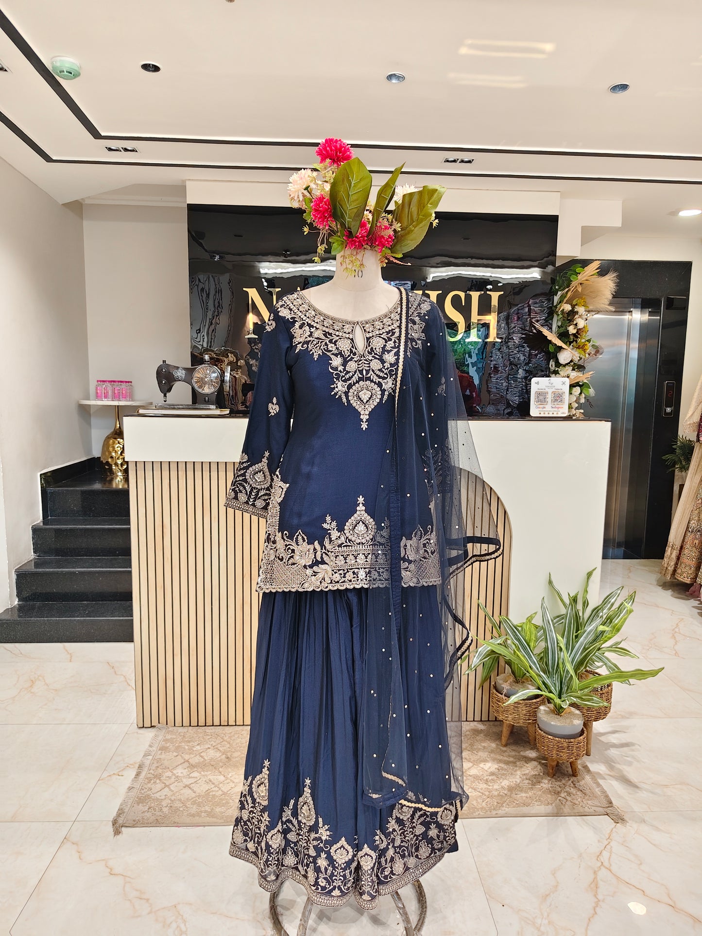 Navy Blue Chinon Sharara Set