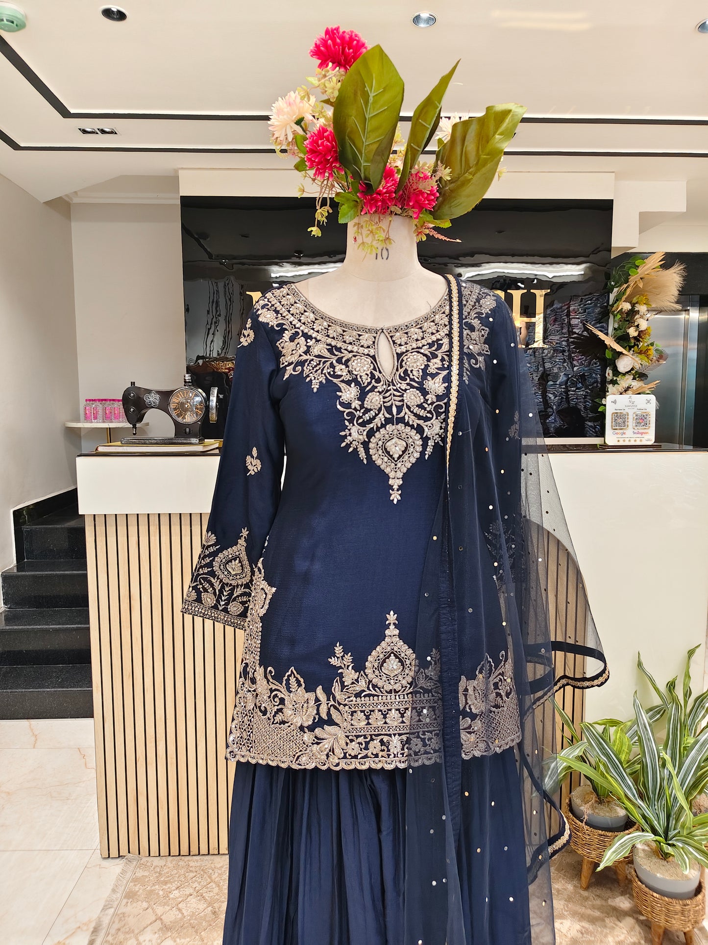 Navy Blue Chinon Sharara Set