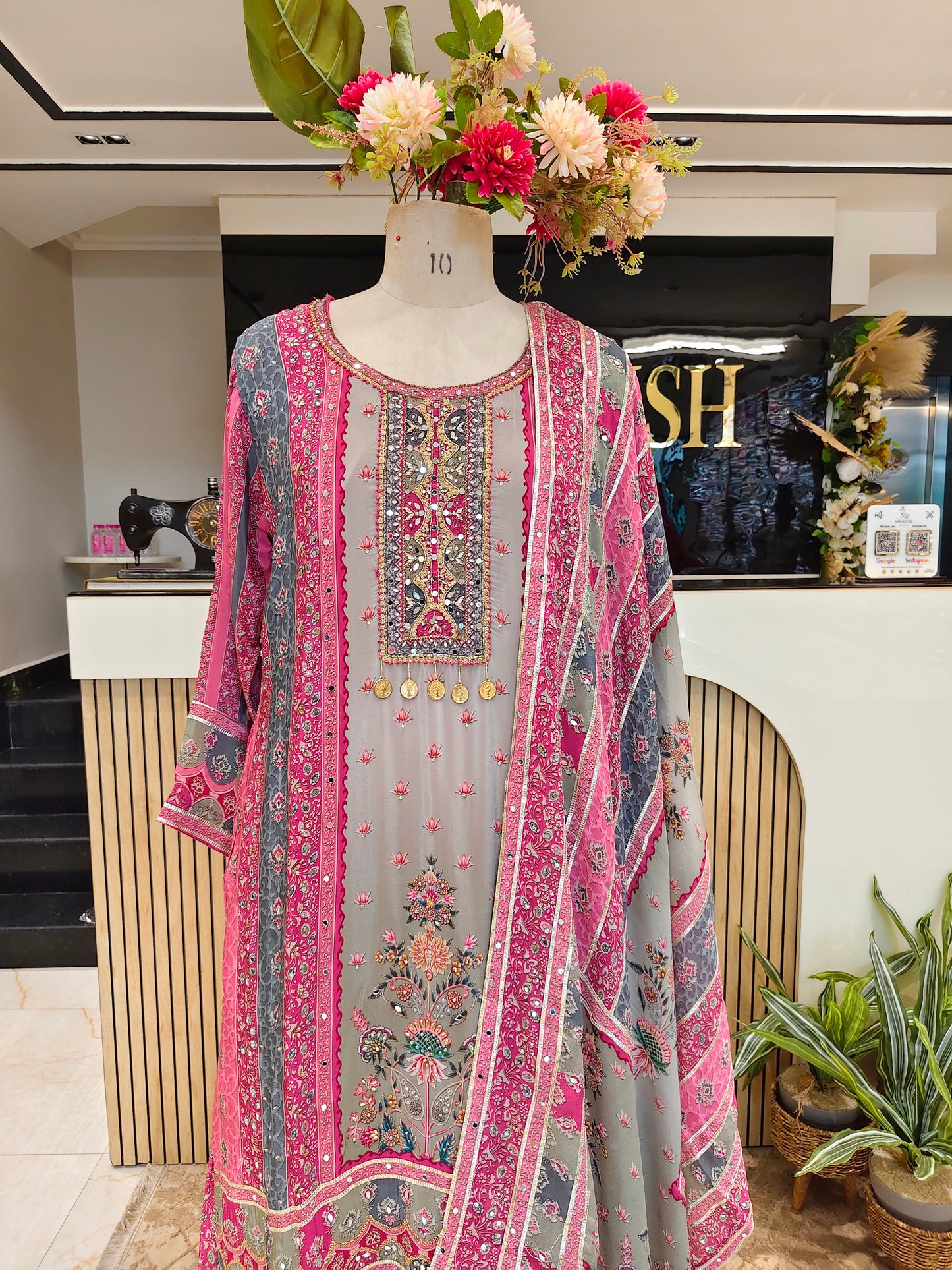 Pink & Grey Crepe Sharara Set