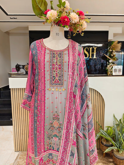 Pink & Grey Crepe Sharara Set