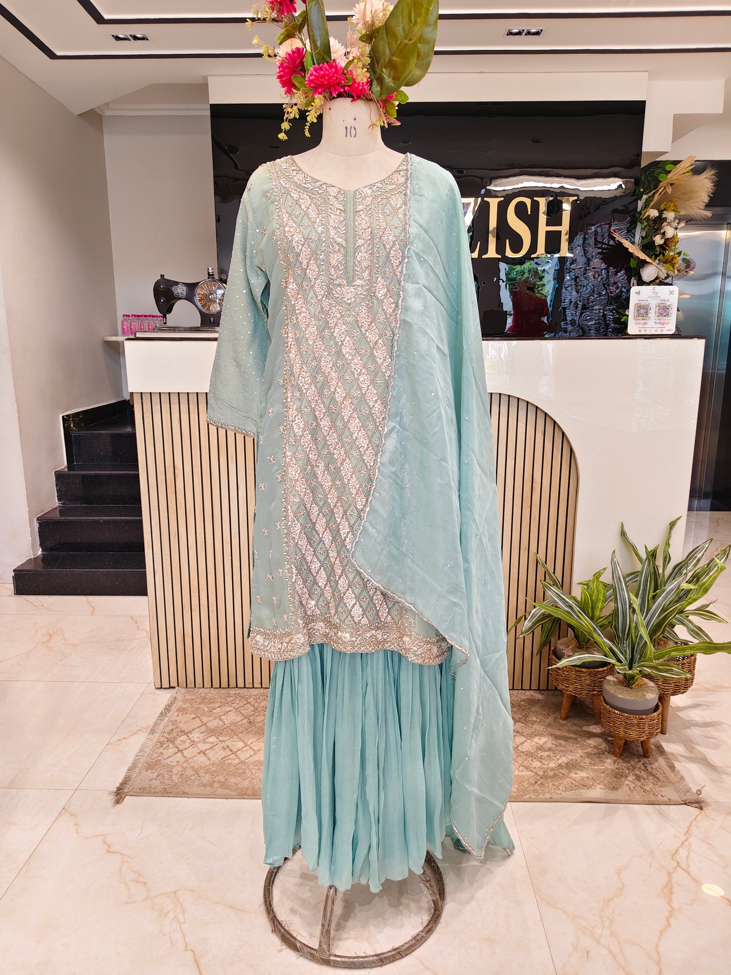 Sea Green Chinon Sharara Set