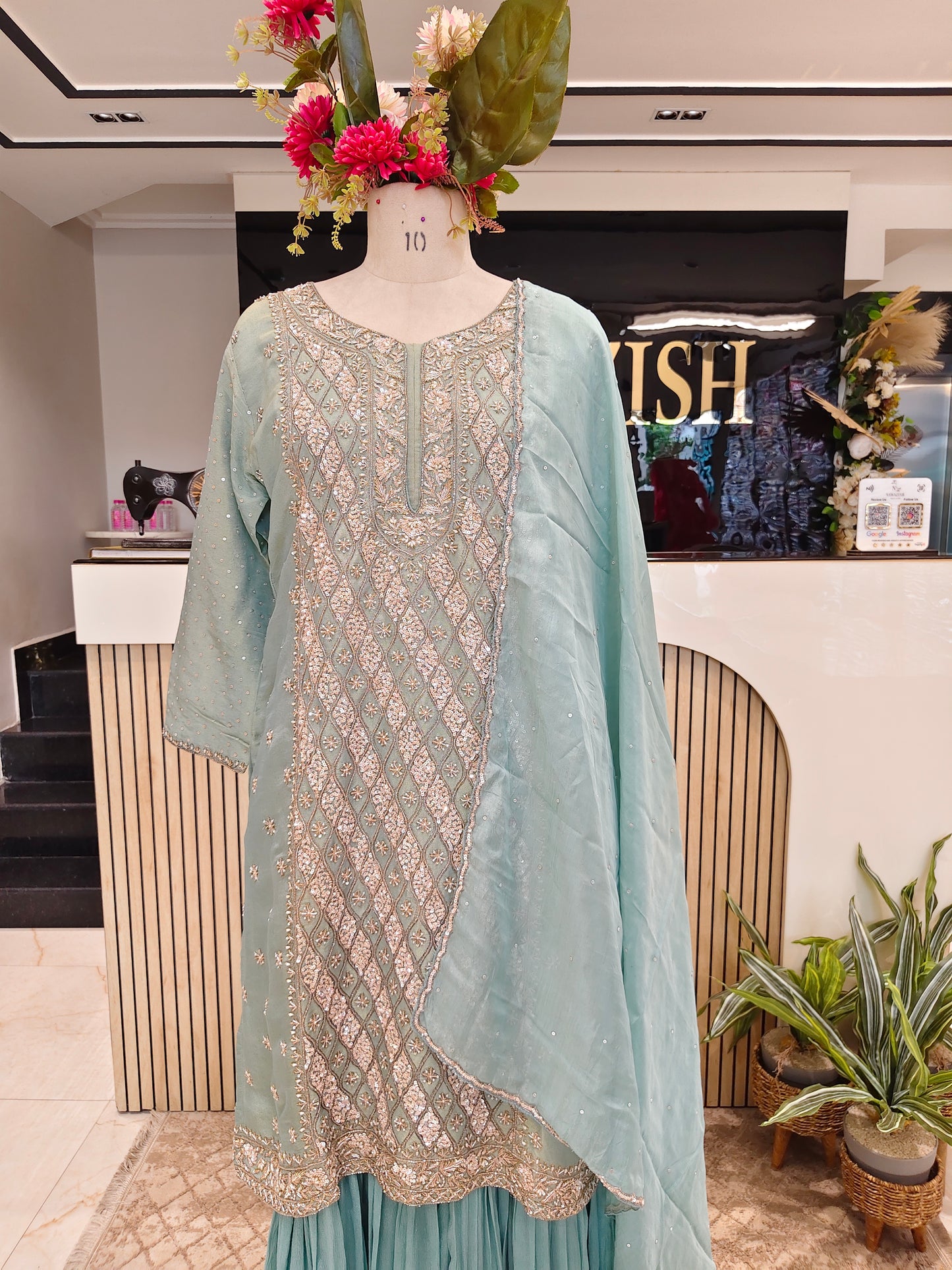 Sea Green Chinon Sharara Set