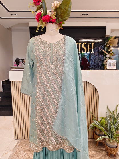 Sea Green Chinon Sharara Set