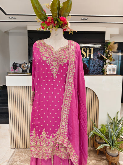 Onion Pink Chinon Sharara Set