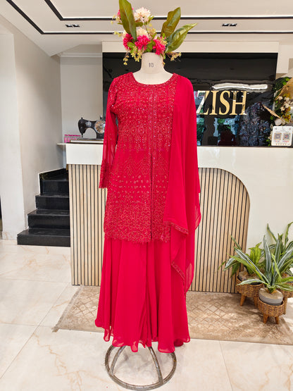 Cherry Red Georgette Sharara Set
