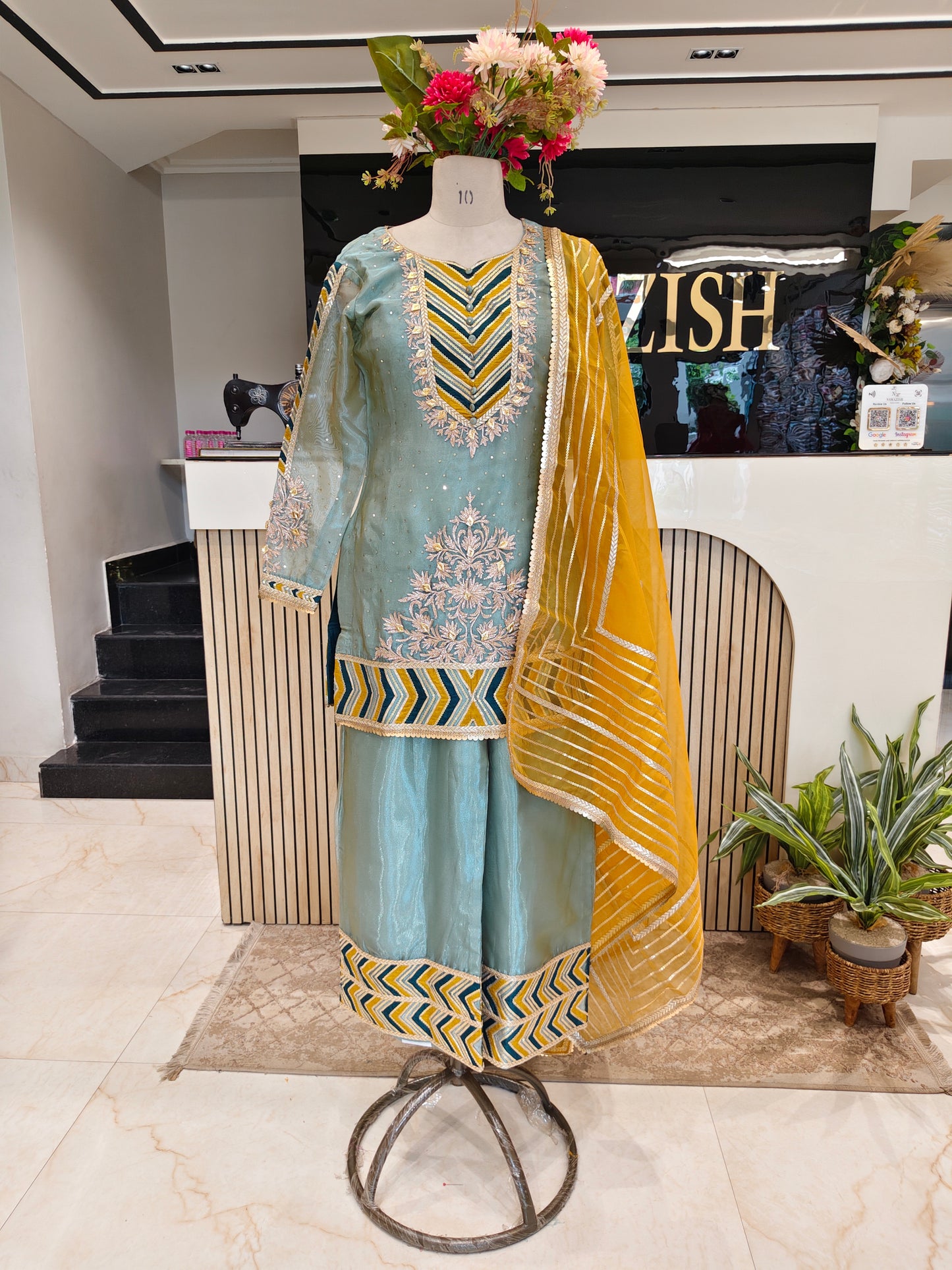 Green & Mustard Glass Tissue Kurta Palazzo Set