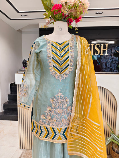 Green & Mustard Glass Tissue Kurta Palazzo Set