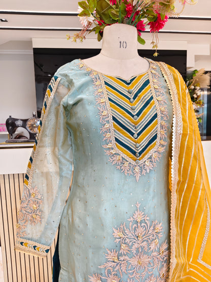 Green & Mustard Glass Tissue Kurta Palazzo Set