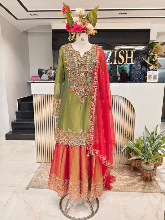 Mehndi Green & Rust Orange Tissue Sharara Set
