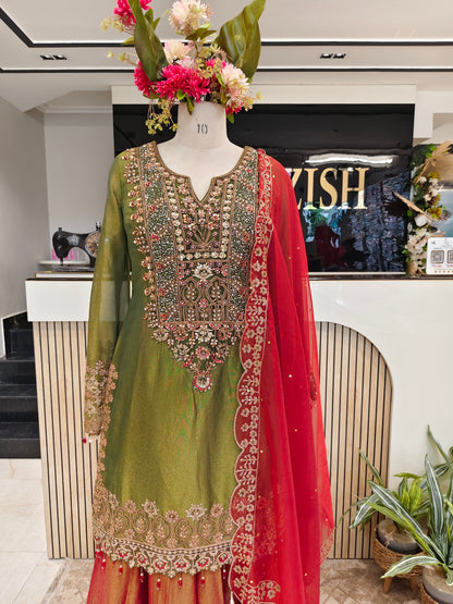 Mehndi Green & Rust Orange Tissue Sharara Set