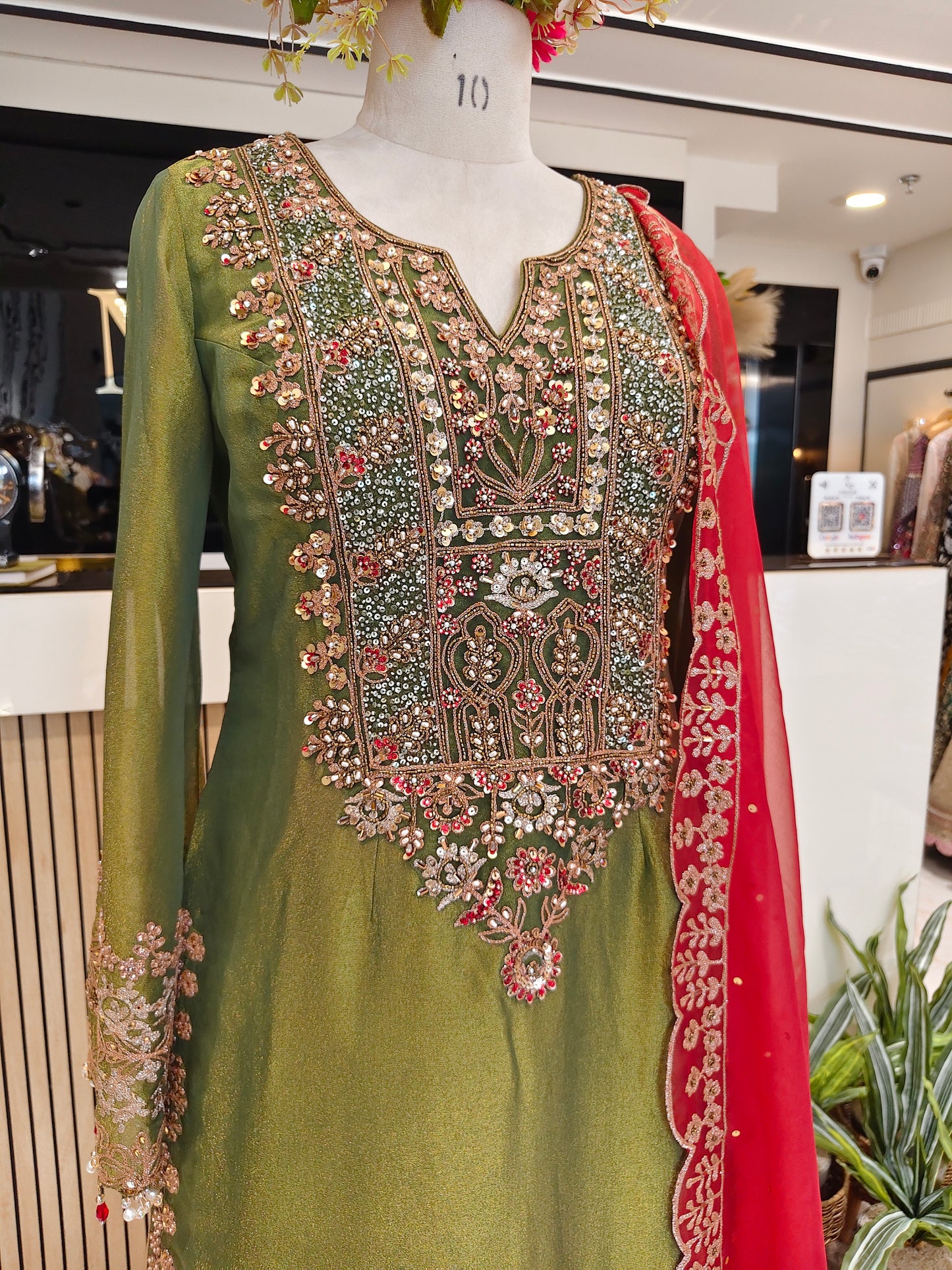 Mehndi Green & Rust Orange Tissue Sharara Set