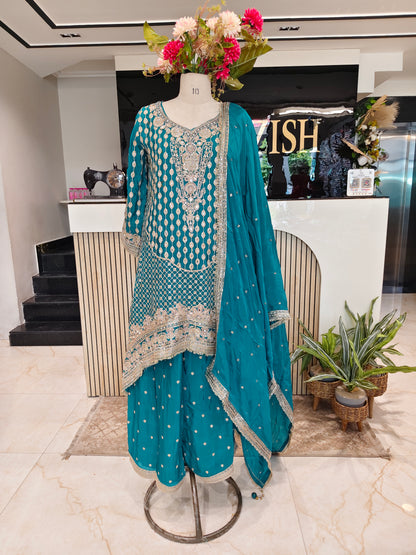 Teal Blue Chinon Sharara Set