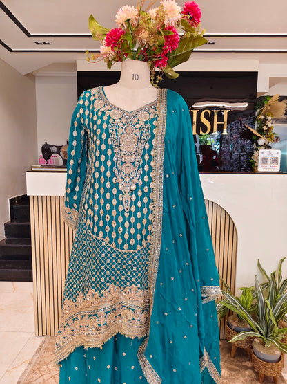 Teal Blue Chinon Sharara Set