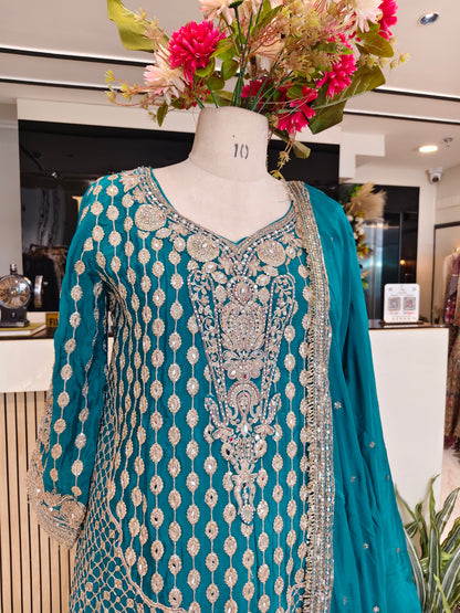 Teal Blue Chinon Sharara Set