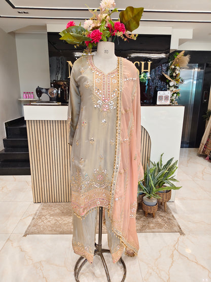 Grey & Peach Kurta Farshi Salwar Set