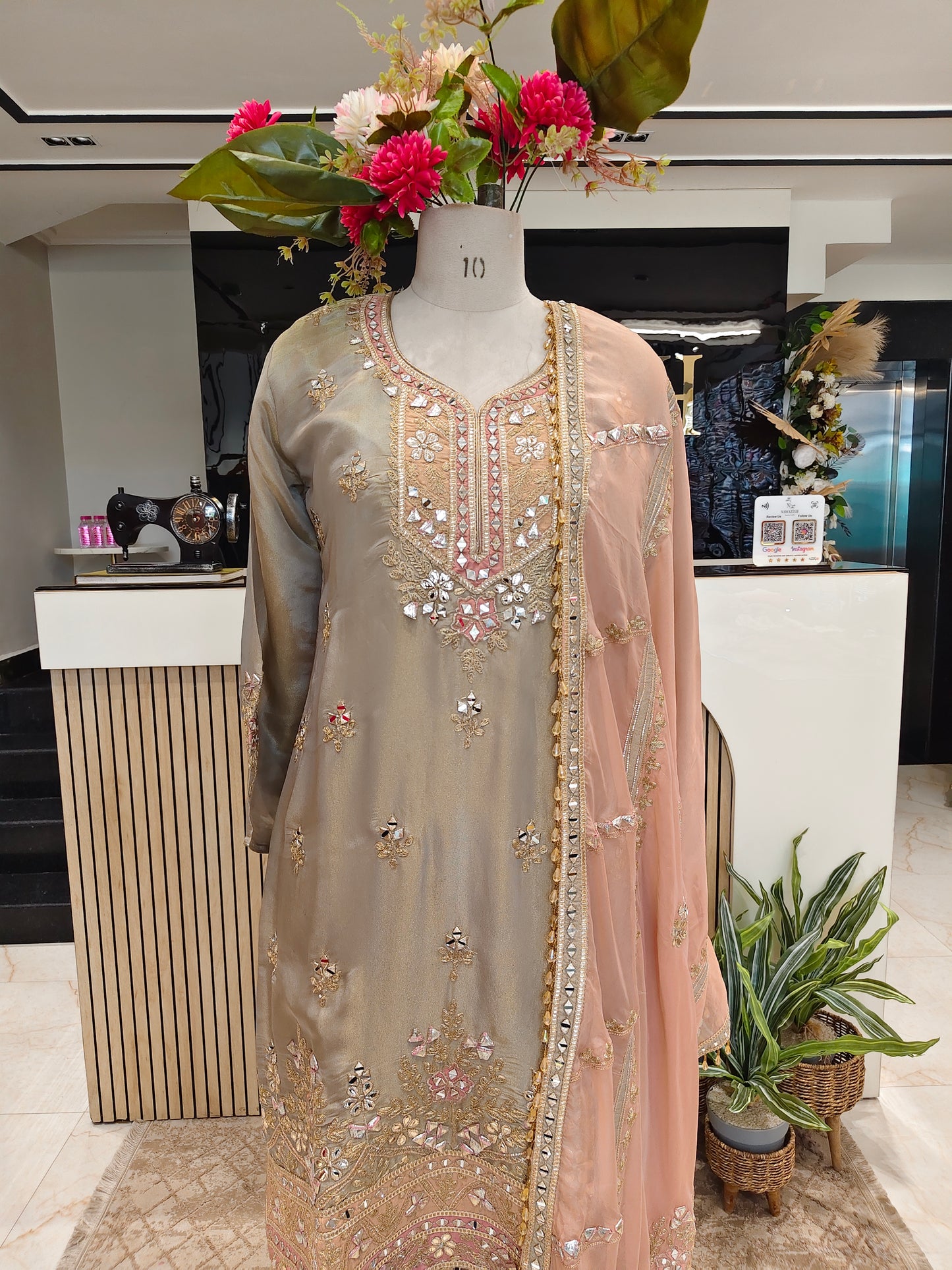 Grey & Peach Kurta Farshi Salwar Set
