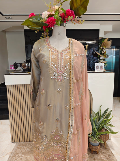 Grey & Peach Kurta Farshi Salwar Set