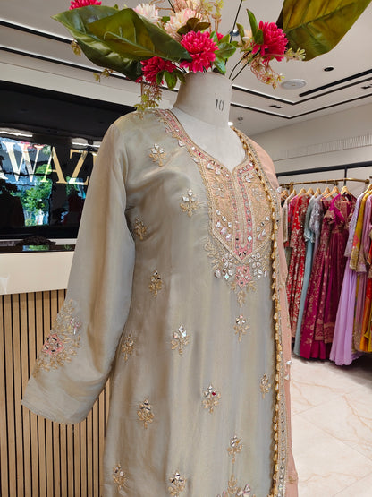 Grey & Peach Kurta Farshi Salwar Set