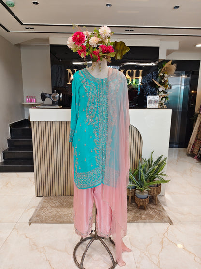Sea Green & Peach Crepe Kurta Pant Set