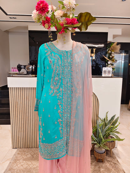 Sea Green & Peach Crepe Kurta Pant Set