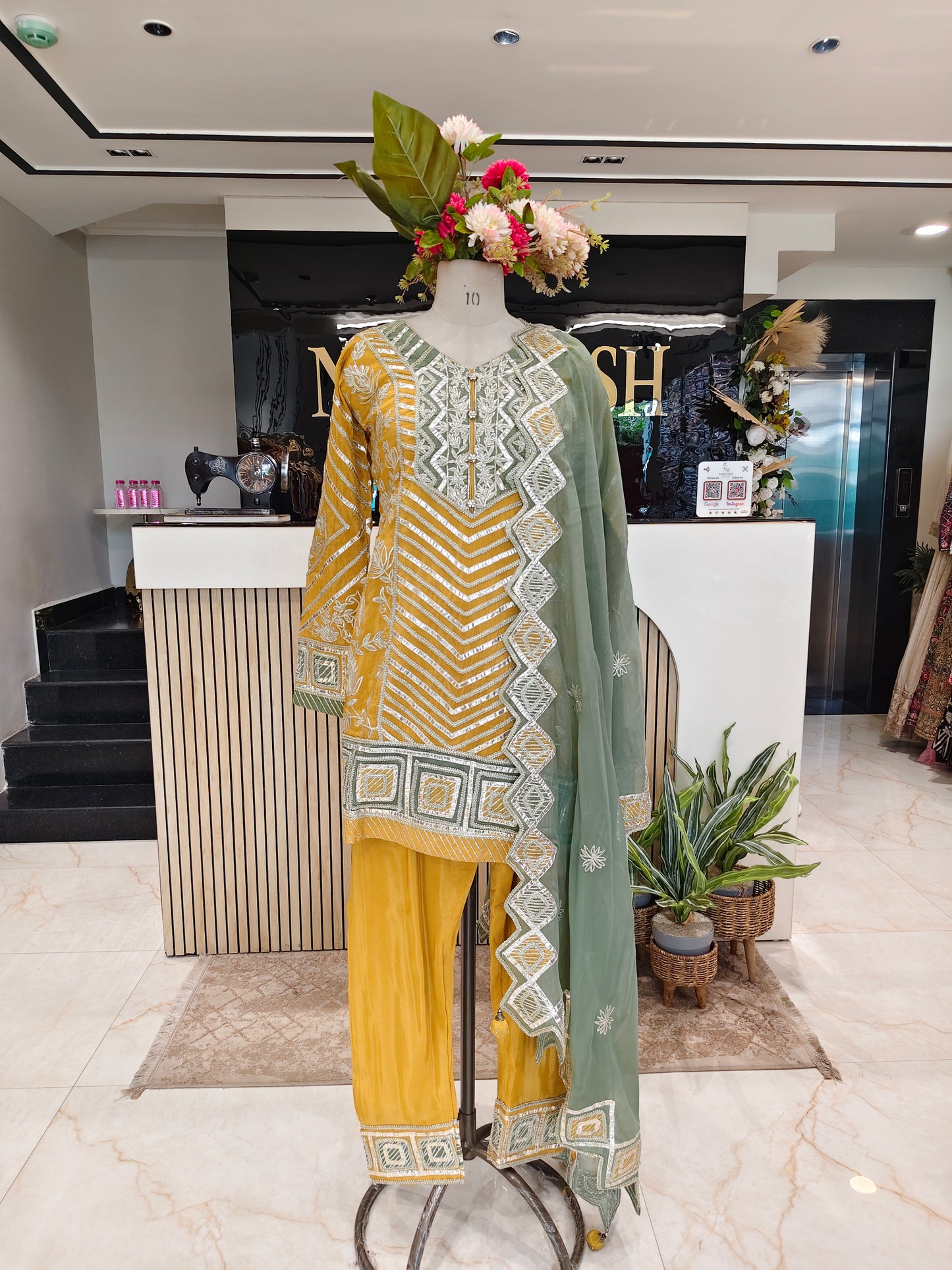 Sea Green & Mustard Tissue Kurta Pant Set