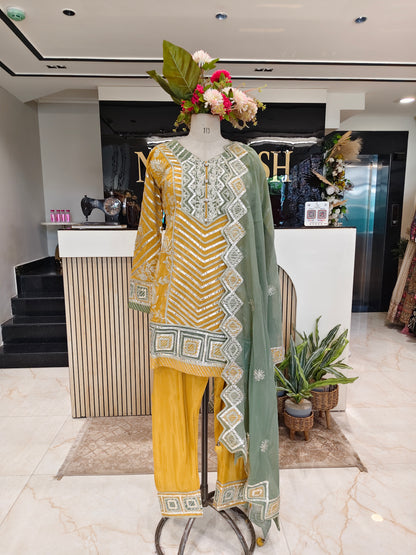Sea Green & Mustard Tissue Kurta Pant Set