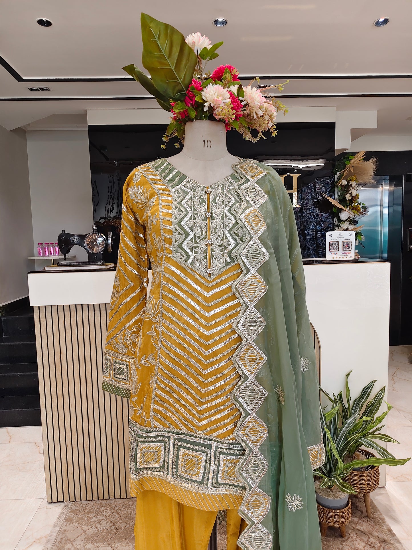 Sea Green & Mustard Tissue Kurta Pant Set