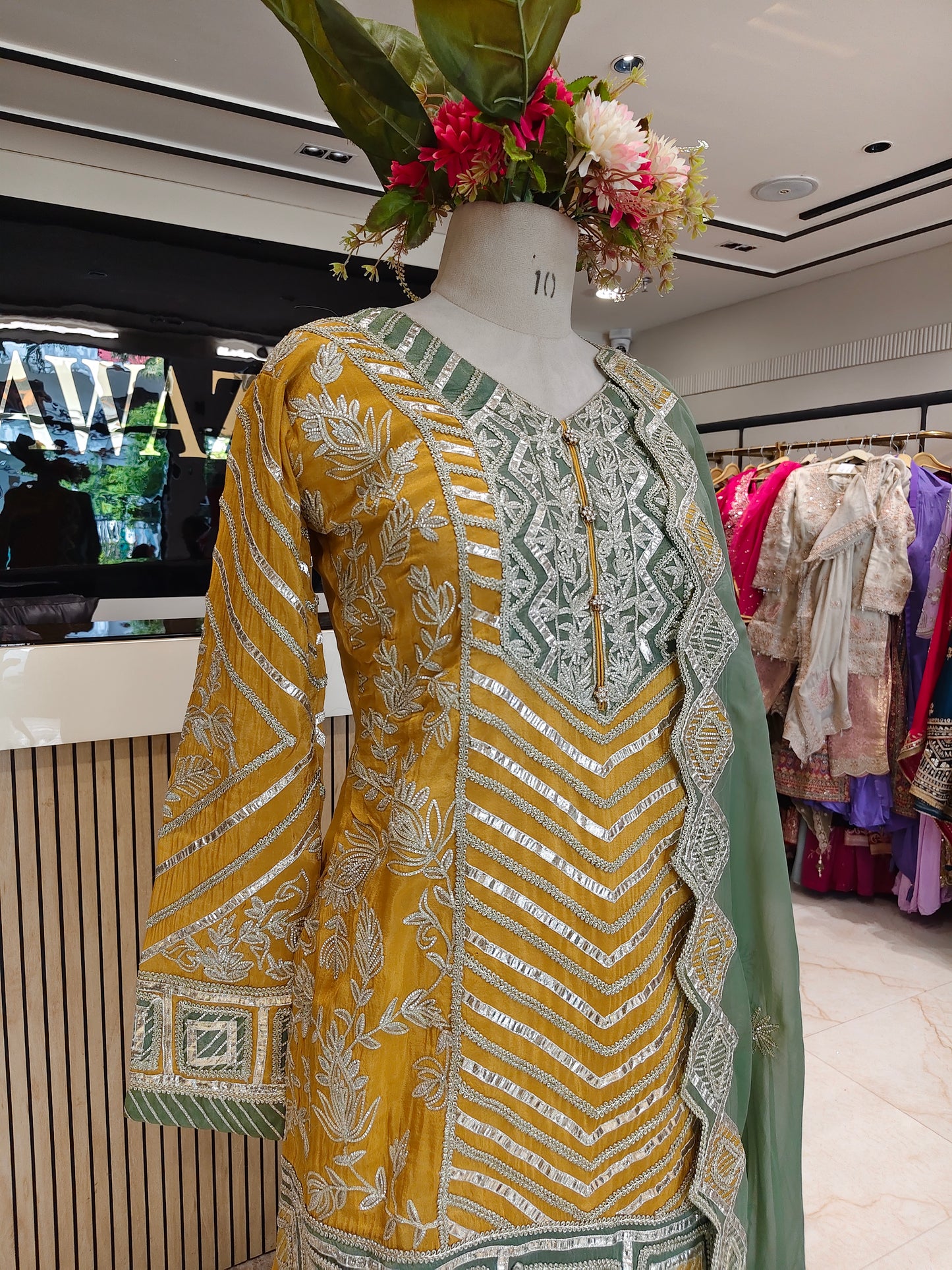 Sea Green & Mustard Tissue Kurta Pant Set