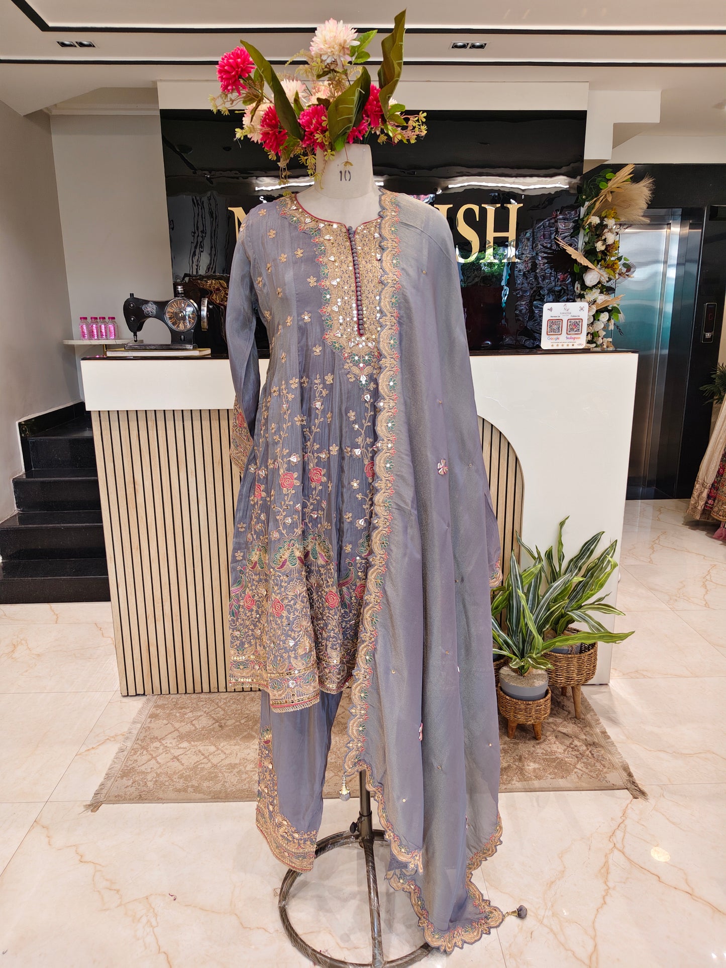 Grey Tissue Anarkali Pant Set