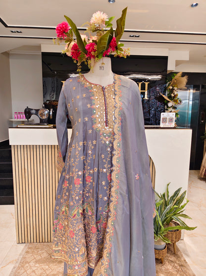 Grey Tissue Anarkali Pant Set