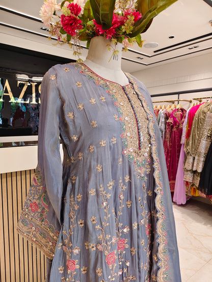 Grey Tissue Anarkali Pant Set
