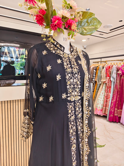 Black Georgette Anarkali Sharara Set