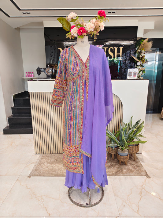 Purple Chinon Anarkali Sharara Set