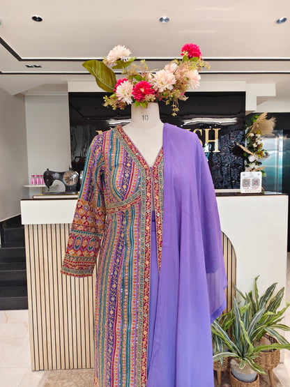 Purple Chinon Anarkali Sharara Set
