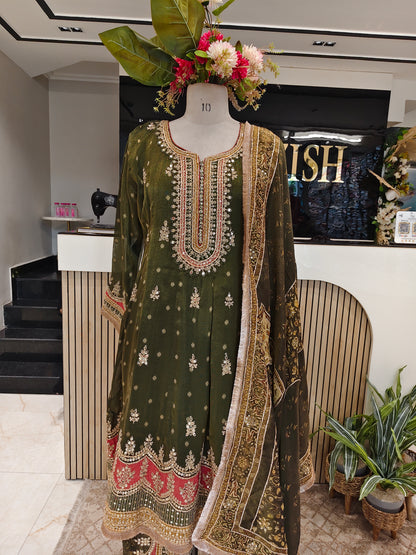 Mehndi Green Short Anarkali Tulip Pants Set