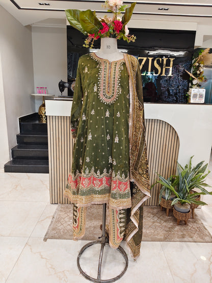 Mehndi Green Short Anarkali Tulip Pants Set