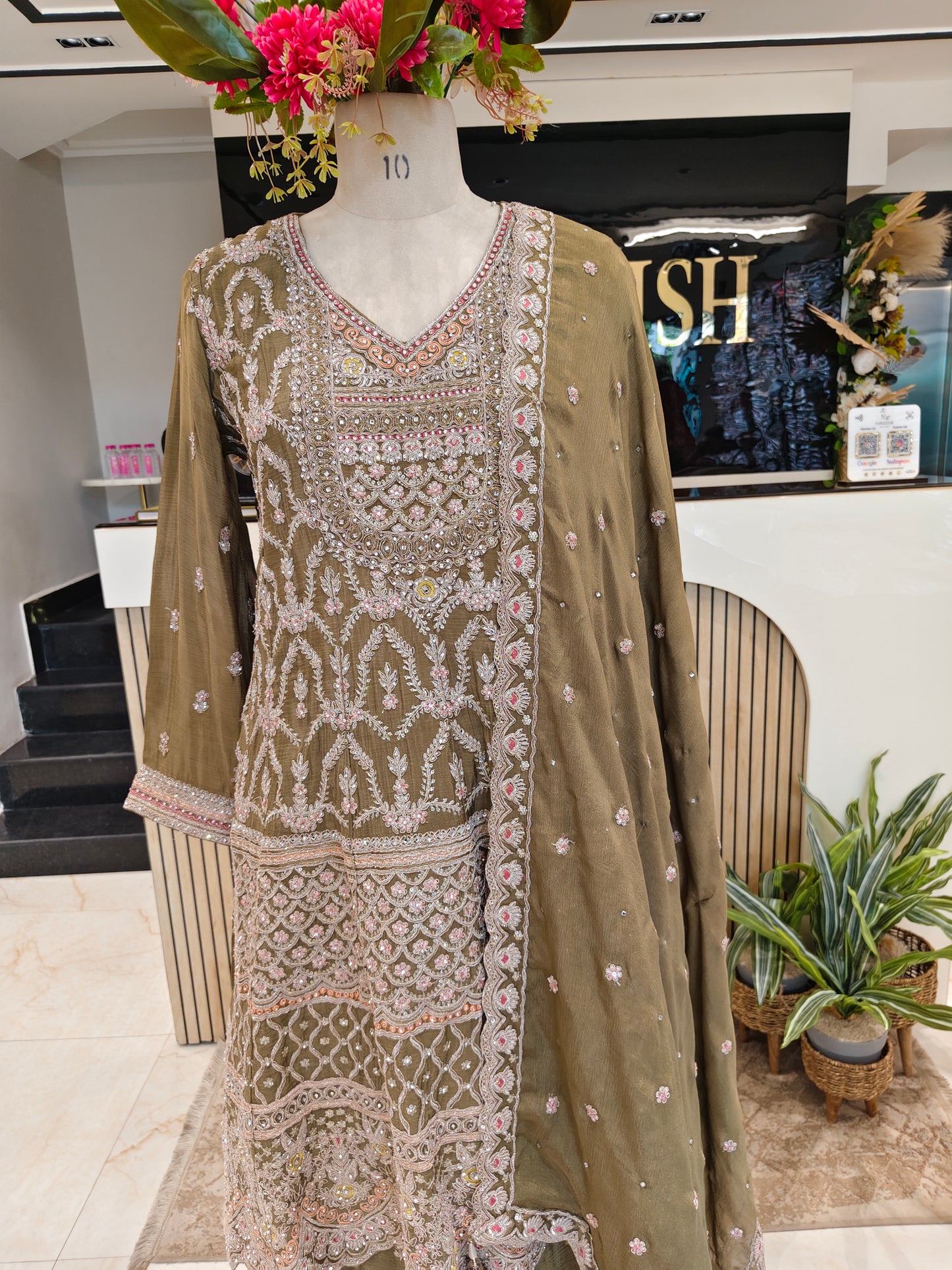 Mehndi Green Chinon Sharara Set