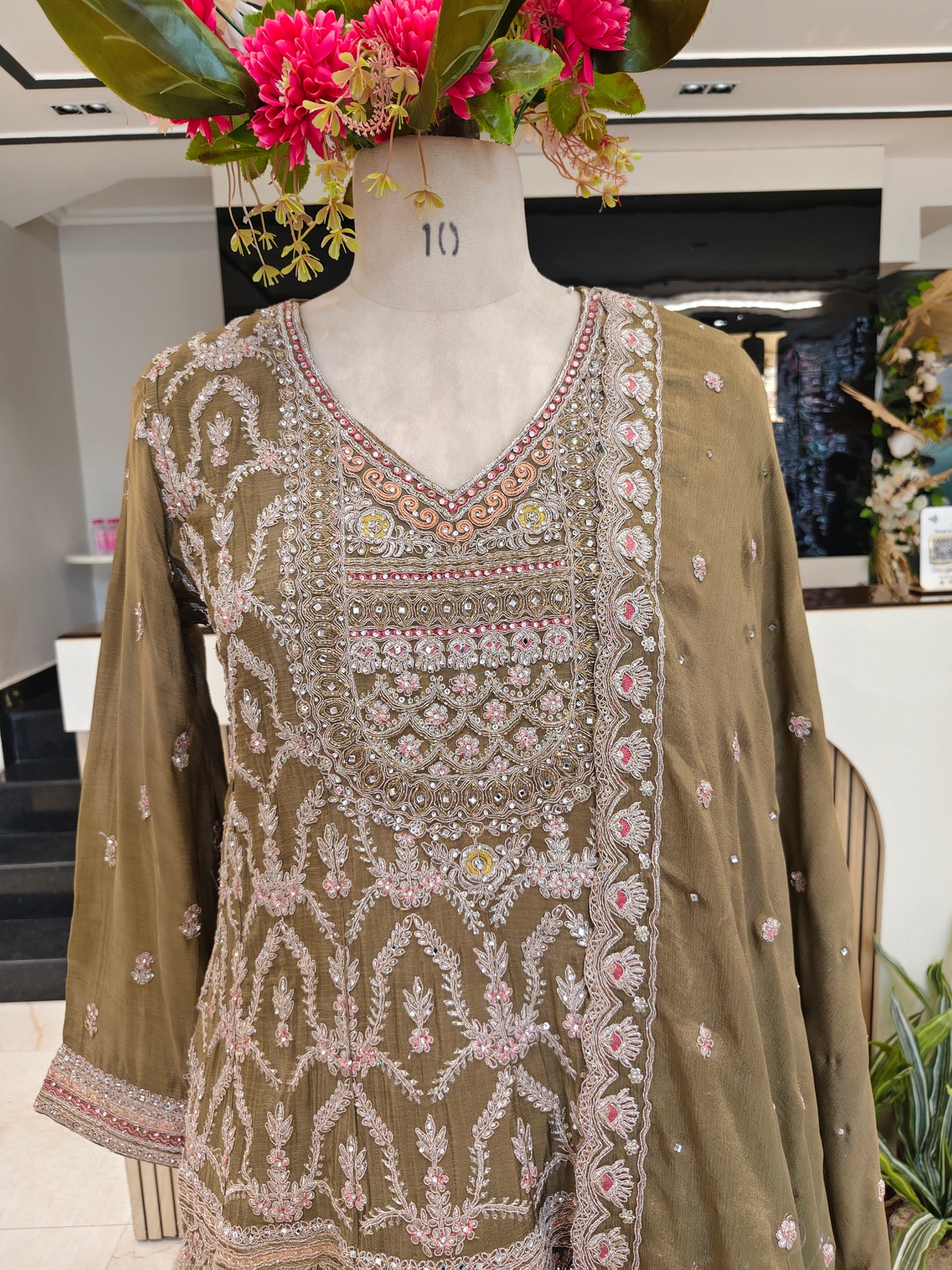 Mehndi Green Chinon Sharara Set