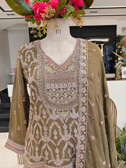 Mehndi Green Chinon Sharara Set